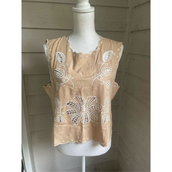 NWT VICI Lennon Eyelet Linen Blend Embroidered Sleeveless Blouse Tan XL - Picture 6 of 12